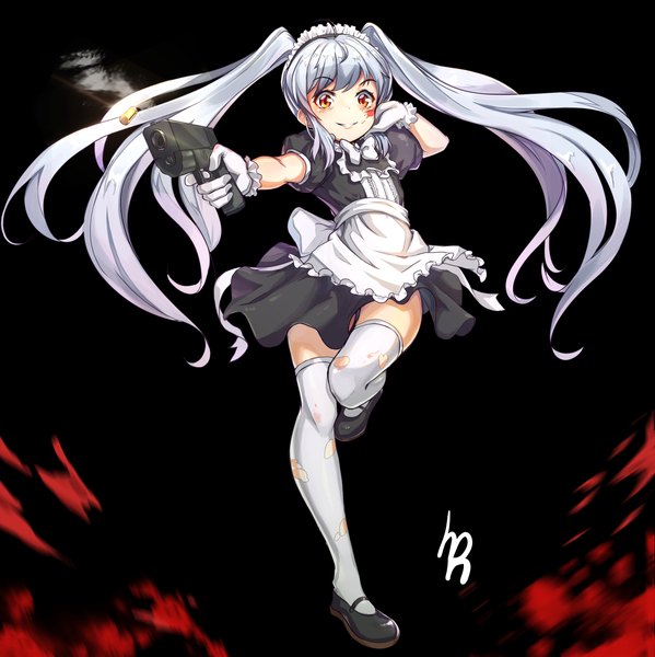 Anime picture 5250x5263 with original dampi long hair tall image highres light erotic smile red eyes standing twintails signed absurdres silver hair full body short sleeves maid puffy sleeves black background flat chest standing on one leg