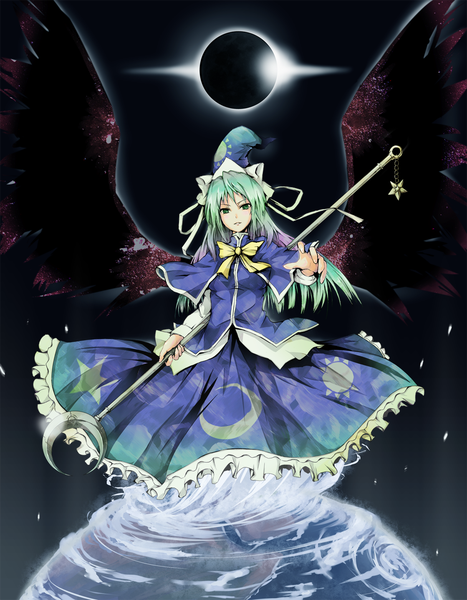 Anime picture 1119x1437 with touhou mima crost (artist) long hair tall image green eyes green hair space eclipse girl dress ribbon (ribbons) bow hat wings star (stars) staff planet earth