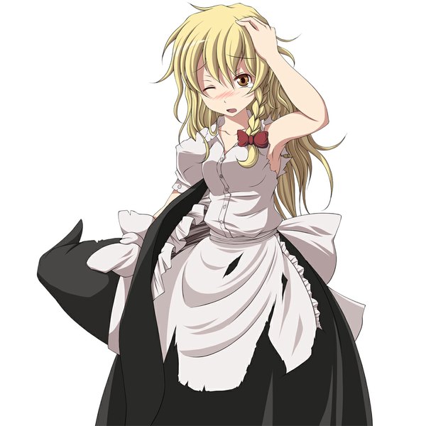 Anime picture 1000x1000 with touhou kirisame marisa s-syogo single long hair blush simple background blonde hair white background brown eyes one eye closed wink torn clothes girl dress witch hat