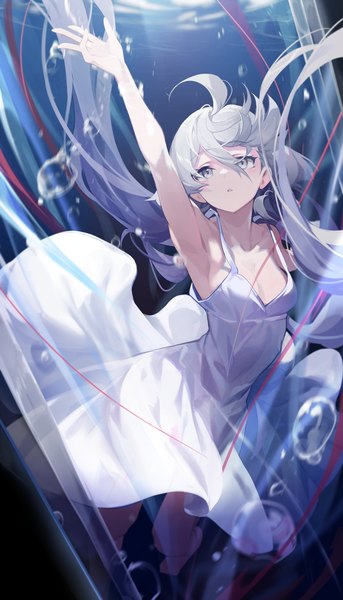 Anime picture 1714x3000 with mobile suit gundam gundam suisei no majo sunrise (studio) miorine rembran goomrrat single long hair tall image fringe highres hair between eyes cleavage silver hair ahoge arm up armpit (armpits) looking up underwater silver eyes girl