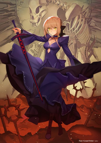 Anime picture 1190x1684 with fate (series) fate/grand order fate/stay night artoria pendragon (all) saber alter felix (felix901123) single tall image short hair blonde hair holding yellow eyes payot full body copyright name skeleton girl dress ribbon (ribbons) weapon