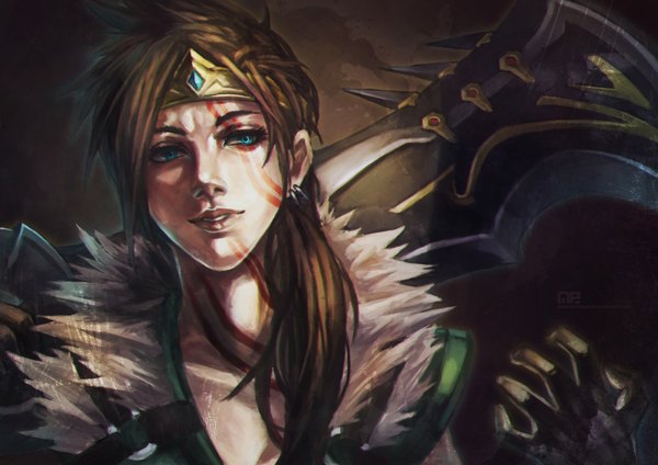 Anime picture 3505x2480 with league of legends draven (league of legends) monori rogue single long hair highres blue eyes brown hair absurdres lips tattoo eyebrows genderswap girl weapon earrings