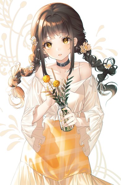 Anime picture 1500x2295 with original kinty single long hair tall image looking at viewer blush fringe open mouth black hair simple background standing white background bare shoulders holding yellow eyes payot blunt bangs braid (braids) nail polish