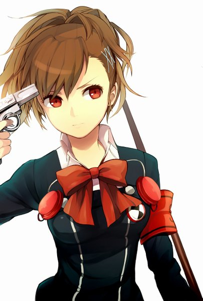 Anime picture 873x1293 with persona 3 persona female protagonist (p3) shiorinda single tall image short hair simple background red eyes brown hair white background looking away ponytail gun to head girl uniform hair ornament school uniform hairclip x hair ornament