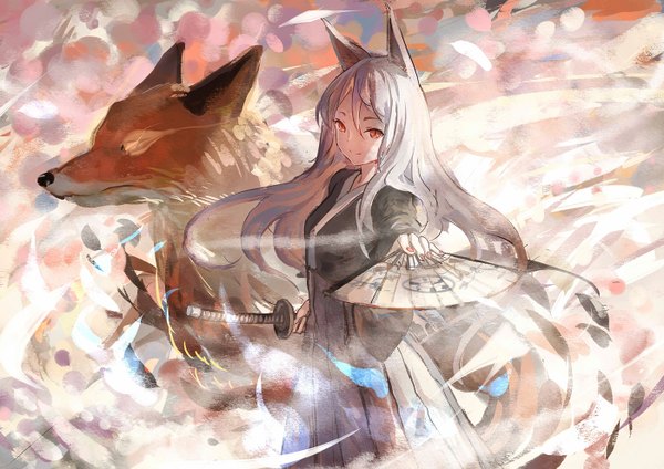 Anime picture 1400x990 with original pixiv fantasia pixiv fantasia t sishenfan single long hair looking at viewer fringe smile hair between eyes red eyes standing holding animal ears payot white hair tail nail polish traditional clothes japanese clothes