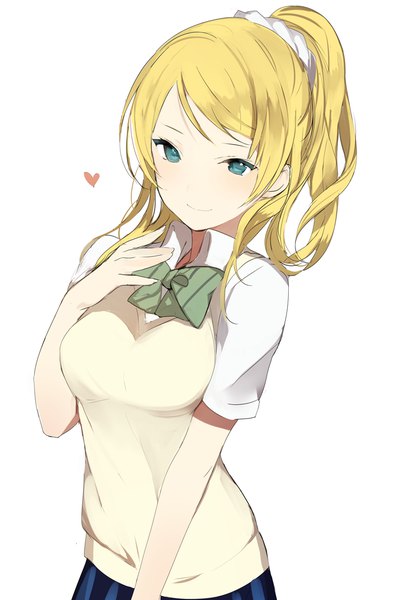 Anime picture 700x1054 with love live! school idol project sunrise (studio) love live! ayase eli lpip single long hair tall image looking at viewer fringe breasts simple background blonde hair smile standing white background ponytail short sleeves grey eyes hand on chest