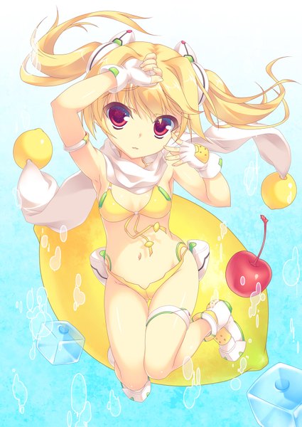 Anime picture 1254x1771 with original c.c. lemon c.c. lemon (character) aoi sora-maru single long hair tall image looking at viewer blonde hair red eyes twintails armpit (armpits) hand on head girl gloves navel swimsuit bikini food boots