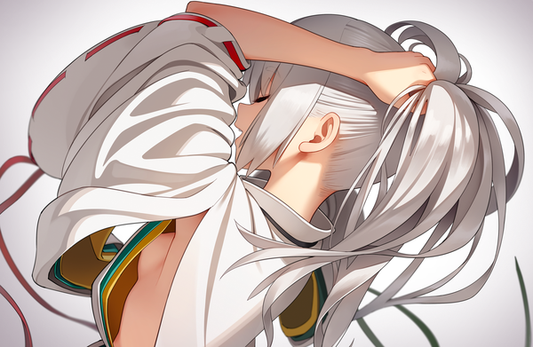 Anime picture 1656x1080 with touhou mononobe no futo go robots single long hair fringe breasts open mouth light erotic simple background payot silver hair upper body eyes closed traditional clothes japanese clothes profile grey background wide sleeves armpit (armpits)