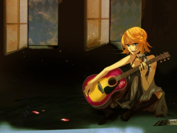 Anime picture 1200x900 with vocaloid kagamine rin yucco (artist) single short hair open mouth blue eyes blonde hair girl petals sundress guitar