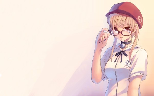 Anime picture 1280x800 with long hair looking at viewer blonde hair wide image brown eyes girl glasses bell collar flat cap