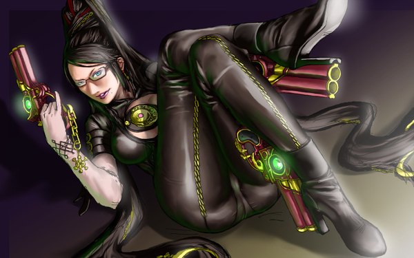 Anime picture 1440x900 with bayonetta bayonetta (character) take (artist) single long hair blue eyes light erotic black hair smile wide image cleavage ponytail very long hair parted lips mole crossed legs reclining girl weapon earrings