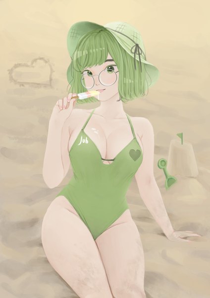 Anime picture 2480x3508 with original momo (jubi) jubi (regiana) single tall image looking at viewer fringe highres short hair breasts light erotic large breasts green eyes signed cleavage blunt bangs fingernails green hair realistic arm support