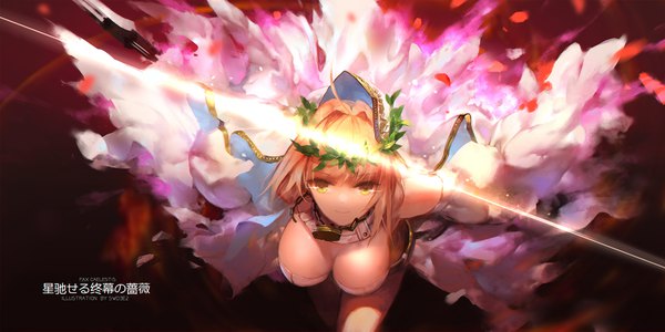 Anime picture 2126x1063 with fate (series) fate/grand order fate/extra fate/extra ccc fate/extella nero claudius (fate) (all) nero claudius (fate) nero claudius (bride) (fate) swd3e2 single looking at viewer fringe highres short hair breasts light erotic blonde hair smile wide image large breasts