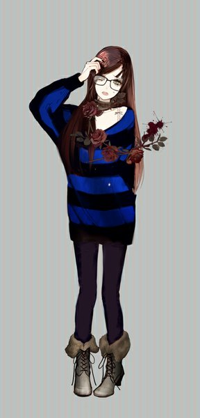 Anime picture 385x800 with original shikishima (eiri) single long hair tall image looking at viewer brown hair standing green eyes lipstick girl flower (flowers) glasses rose (roses) leaf (leaves) branch red rose