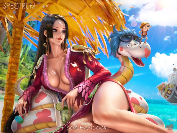 Anime picture 4000x3000 with one piece toei animation monkey d. luffy boa hancock salome (one piece) thousand sunny yam spectrum blush highres short hair breasts open mouth blue eyes light erotic black hair large breasts standing holding signed looking away