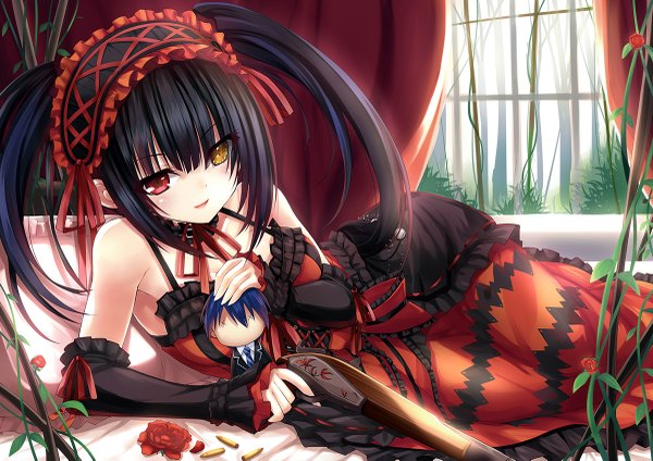 Anime picture 1200x849 with date a live tokisaki kurumi aixioo long hair blush open mouth black hair twintails bare shoulders heterochromia uneven twintails girl dress weapon detached sleeves petals frills headdress gun bed
