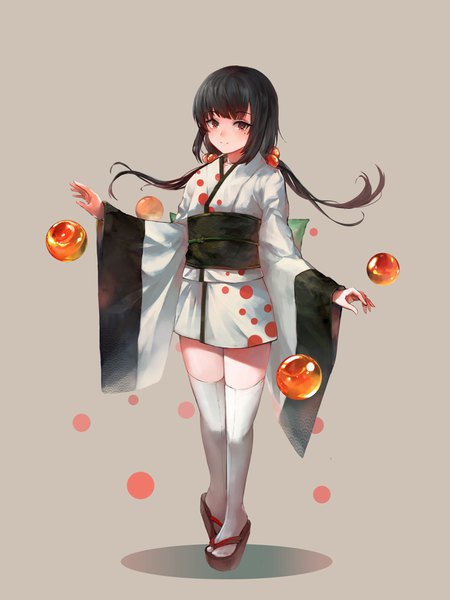 Anime picture 3000x4000 with original crystalherb single long hair tall image looking at viewer blush fringe highres black hair simple background red eyes standing twintails full body traditional clothes japanese clothes mole wide sleeves mole under eye