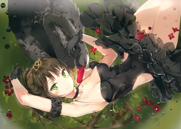 Anime picture 3905x2776 with original anmi single long hair looking at viewer blush fringe highres breasts light erotic black hair smile large breasts green eyes payot absurdres cleavage ponytail lying head tilt