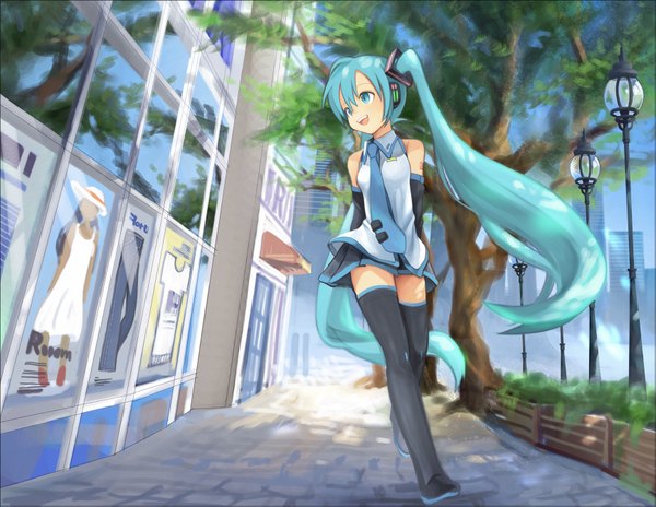 Anime picture 1731x1339 with vocaloid hatsune miku kari kenji single long hair blush highres open mouth bare shoulders aqua eyes aqua hair zettai ryouiki flat chest hands behind back cityscape street girl thighhighs skirt plant (plants)