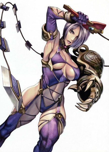 Anime picture 1115x1552 with soulcalibur ivy single tall image fringe short hair breasts light erotic simple background large breasts white background purple eyes purple hair hair over one eye armpit (armpits) pantyhose pull girl gloves navel weapon