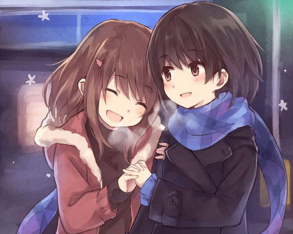 Anime picture 1696x1357 with original kyuri long hair blush fringe short hair open mouth black hair smile brown hair multiple girls brown eyes looking away upper body eyes closed happy exhalation laughing girl 2 girls