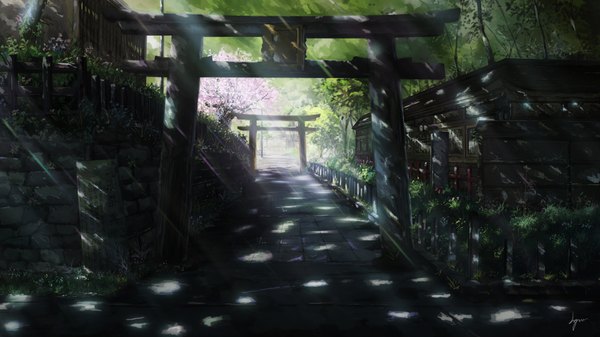 Anime picture 1920x1080 with original niko p highres wide image signed sunlight shadow cherry blossoms no people landscape sunbeam scenic plant (plants) tree (trees) torii road
