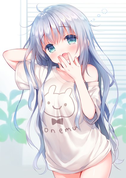 Anime picture 700x988 with original usashiro mani single long hair tall image looking at viewer blush fringe breasts open mouth hair between eyes standing silver hair ahoge head tilt arm up aqua eyes off shoulder tears arm behind head