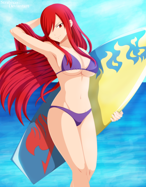 Anime picture 1375x1757 with fairy tail erza scarlet strabixio single long hair tall image fringe breasts light erotic red eyes sky cloud (clouds) red hair hair over one eye armpit (armpits) coloring underboob adjusting hair girl navel