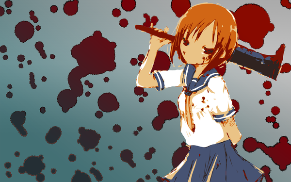 Anime picture 1920x1200 with higurashi no naku koro ni studio deen ryuuguu rena single fringe highres short hair simple background wide image standing holding orange hair short sleeves gradient background arm behind back carrying blood stains puffy cheeks shoulder carry minimalist