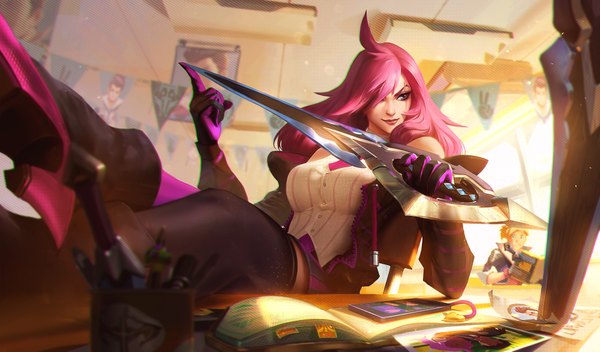 Anime picture 4000x2347 with league of legends katarina (league of legends) snatti long hair fringe highres breasts blue eyes blonde hair smile wide image sitting bare shoulders holding looking away pink hair absurdres full body indoors blurry