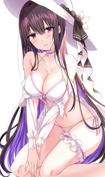 Anime picture 1000x1679 with original kinona (kino10) single tall image looking at viewer blush fringe breasts open mouth light erotic simple background smile hair between eyes brown hair large breasts white background sitting purple eyes bare shoulders very long hair