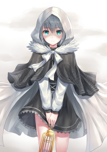 Anime picture 999x1413 with fate (series) lord el-melloi ii case files gray (fate) seungju lee single tall image looking at viewer blush fringe short hair hair between eyes standing holding sky cloud (clouds) outdoors aqua eyes light smile grey hair fur trim