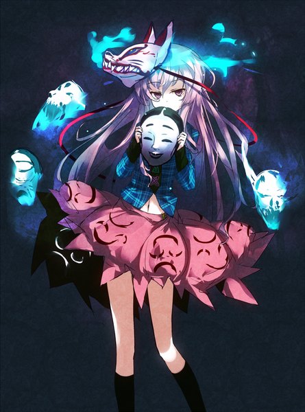 Anime picture 741x1000 with touhou hata no kokoro loxodon single long hair tall image looking at viewer simple background standing holding pink hair pink eyes glowing covered mouth mask on head girl skirt shirt mask fox mask