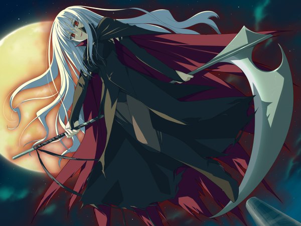 Anime picture 1600x1200 with wiz anniversary long hair highres smile moon cape scythe