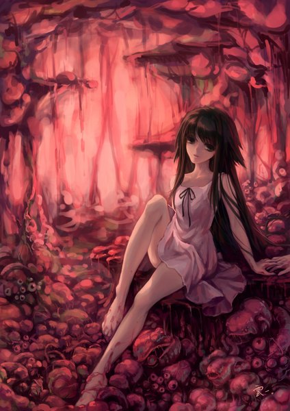 Anime picture 2480x3508 with saya no uta nitroplus saya (saya no uta) windyakuma long hair tall image highres brown hair sitting brown eyes barefoot guro blood sundress