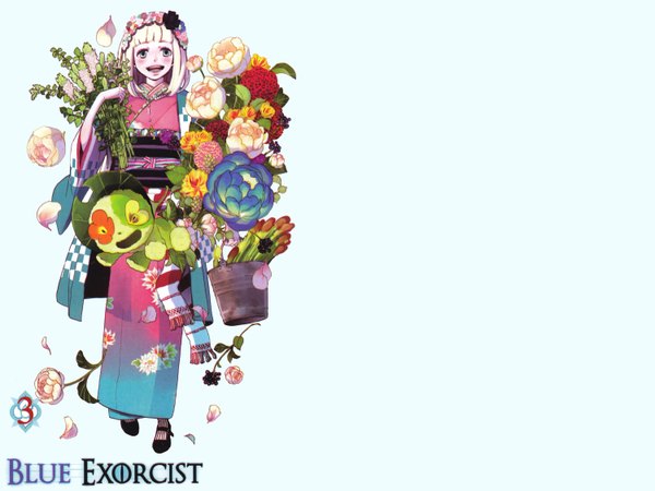 Anime picture 6000x4500 with ao no exorcist a-1 pictures moriyama shiemi highres short hair open mouth simple background blonde hair white background green eyes absurdres japanese clothes demon girl flower (flowers) petals wreath