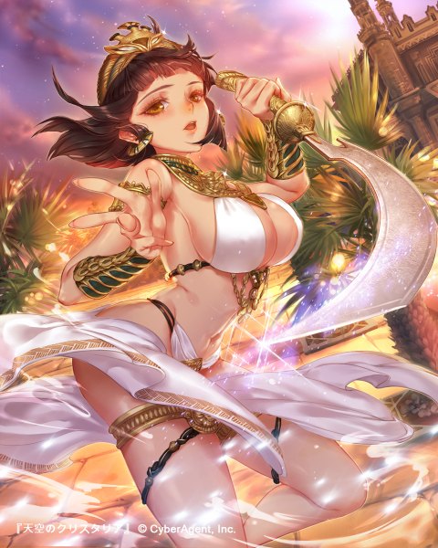Anime picture 960x1200 with original esha single tall image short hair breasts open mouth light erotic black hair large breasts brown eyes midriff girl navel hair ornament weapon sword