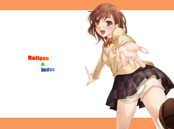 Anime picture 2088x1545 with to aru kagaku no railgun to aru majutsu no index j.c. staff misaka mikoto mukunokino isshiki single blush highres short hair open mouth simple background brown hair brown eyes looking back outstretched arm running girl serafuku shorts