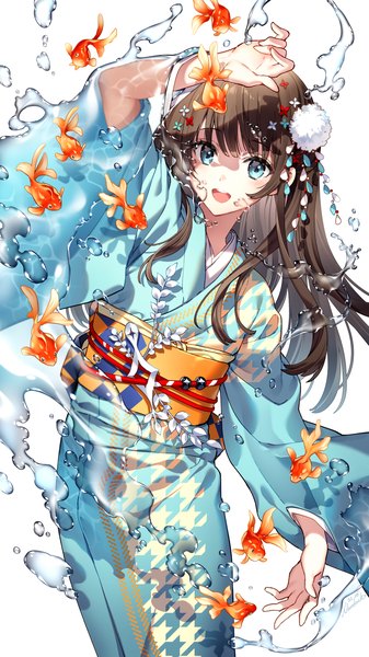 Anime-Bild 1080x1920 mit original nardack single long hair tall image looking at viewer blush fringe open mouth blue eyes simple background smile brown hair standing white background blunt bangs traditional clothes :d japanese clothes arm up