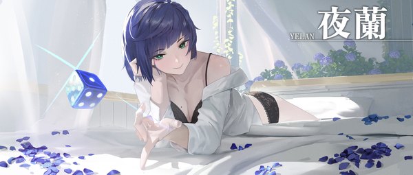 Anime picture 5875x2500 with genshin impact yelan (genshin impact) 1s44c single looking at viewer fringe highres short hair breasts light erotic smile wide image green eyes blue hair absurdres cleavage indoors lying blunt bangs off shoulder