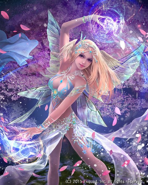 Anime picture 800x1000 with dragon's shadow prifiore (dragon's shadow) eudia (serenity2200) single long hair tall image looking at viewer breasts blonde hair standing bare shoulders outdoors head tilt arm up light smile wind realistic bare legs grey eyes lipstick