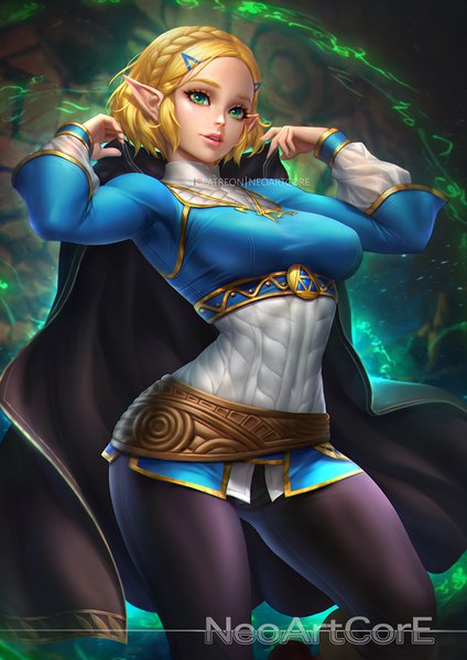 Anime picture 800x1132 with the legend of zelda the legend of zelda: breath of the wild nintendo princess zelda nudtawut thongmai single tall image short hair breasts blonde hair standing green eyes signed looking away bent knee (knees) braid (braids) long sleeves lips pointy ears realistic