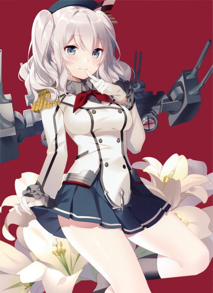 Anime picture 2026x2780 with kantai collection kashima training cruiser riv single long hair tall image blush fringe highres blue eyes simple background hair between eyes silver hair finger to mouth red background girl skirt gloves flower (flowers) weapon