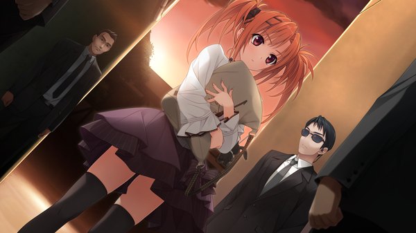 Anime picture 1920x1080 with imouto no katachi sumeragi ayaka long hair highres red eyes wide image twintails game cg orange hair girl thighhighs dress boy black thighhighs