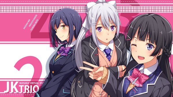 Anime picture 1920x1080 with virtual youtuber nijisanji tsukino mito higuchi kaede shizuka rin yuuri nayuta long hair blush fringe highres short hair open mouth blue eyes black hair smile hair between eyes wide image purple eyes multiple girls yellow eyes