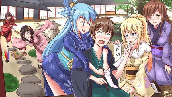 Anime picture 1920x1080 with kono subarashii sekai ni shukufuku wo! studio deen megumin aqua (konosuba) darkness (konosuba) satou kazuma wiz (konosuba) yunyun (konosuba) heckler kai long hair blush fringe highres short hair breasts open mouth red eyes brown hair wide image sitting