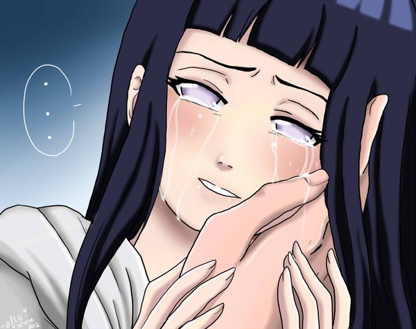 Anime picture 1600x1266 with naruto studio pierrot naruto (series) hyuuga hinata single long hair blush black hair simple background purple eyes signed tears close-up blue background face crying girl hand