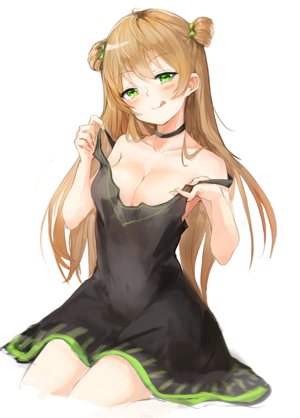 Anime picture 2010x2806 with girls frontline rfb (girls frontline) broche (timpet) single long hair tall image looking at viewer blush highres breasts light erotic simple background smile brown hair large breasts white background green eyes payot cleavage ahoge