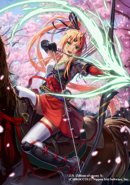 Anime picture 723x1023 with mismi single long hair tall image looking at viewer fringe open mouth holding green eyes ponytail traditional clothes cherry blossoms glowing happy glowing weapon riding girl thighhighs gloves weapon