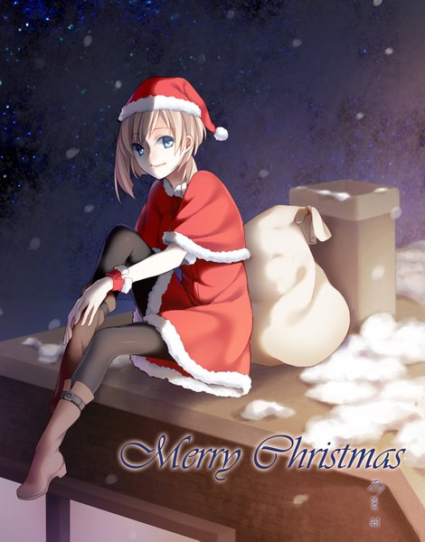 Anime picture 1200x1531 with original cang yu single tall image looking at viewer fringe short hair blue eyes blonde hair sitting payot full body bent knee (knees) inscription night fur trim snowing christmas winter shaded face